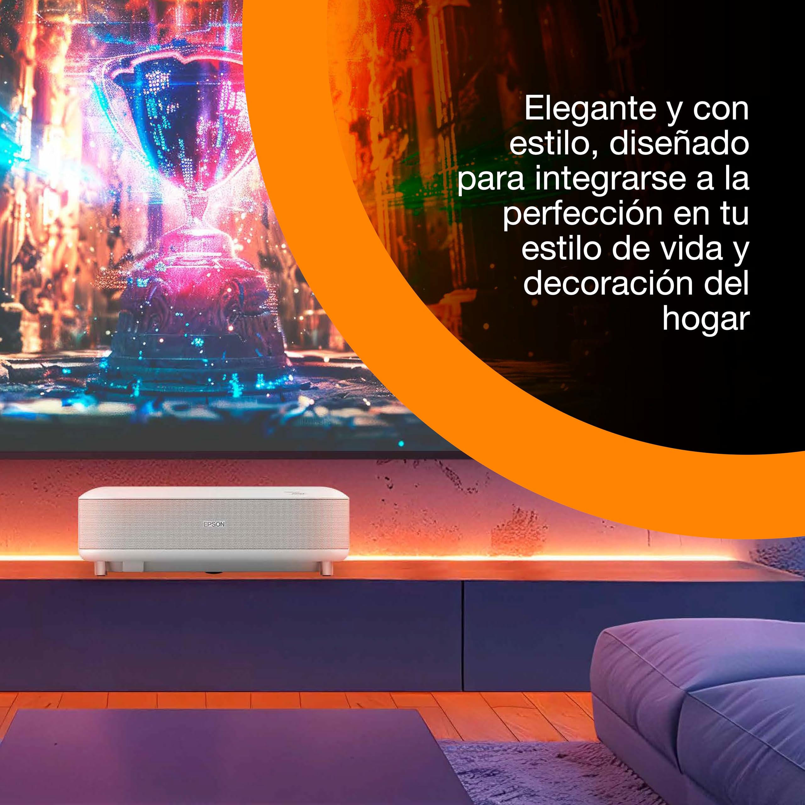 Epson Lifestudio Grand EH-LS670W | Proyector láser Smart TV de distancia ultracorta | 4K Pro‑UHD | 3600 lúmenes | Imágenes con IA | Sound by Bose | Google TV | Hasta 120″ | Garantía de 5 años | Blanco