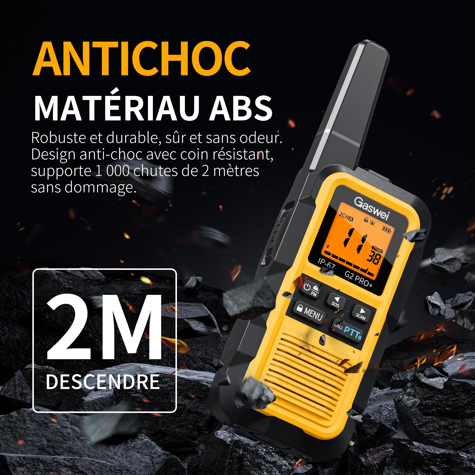 GASWEI G2Pro Talkie walkie Professionnel Étanches IP67 [Lot de 2] -PMR446 Talkie walkie Longue portée,Double PTT,VOX,Fonction SOS & Alerte,Radio FM,USB Chargeur et 1800 mAh Batterie (Gelb)