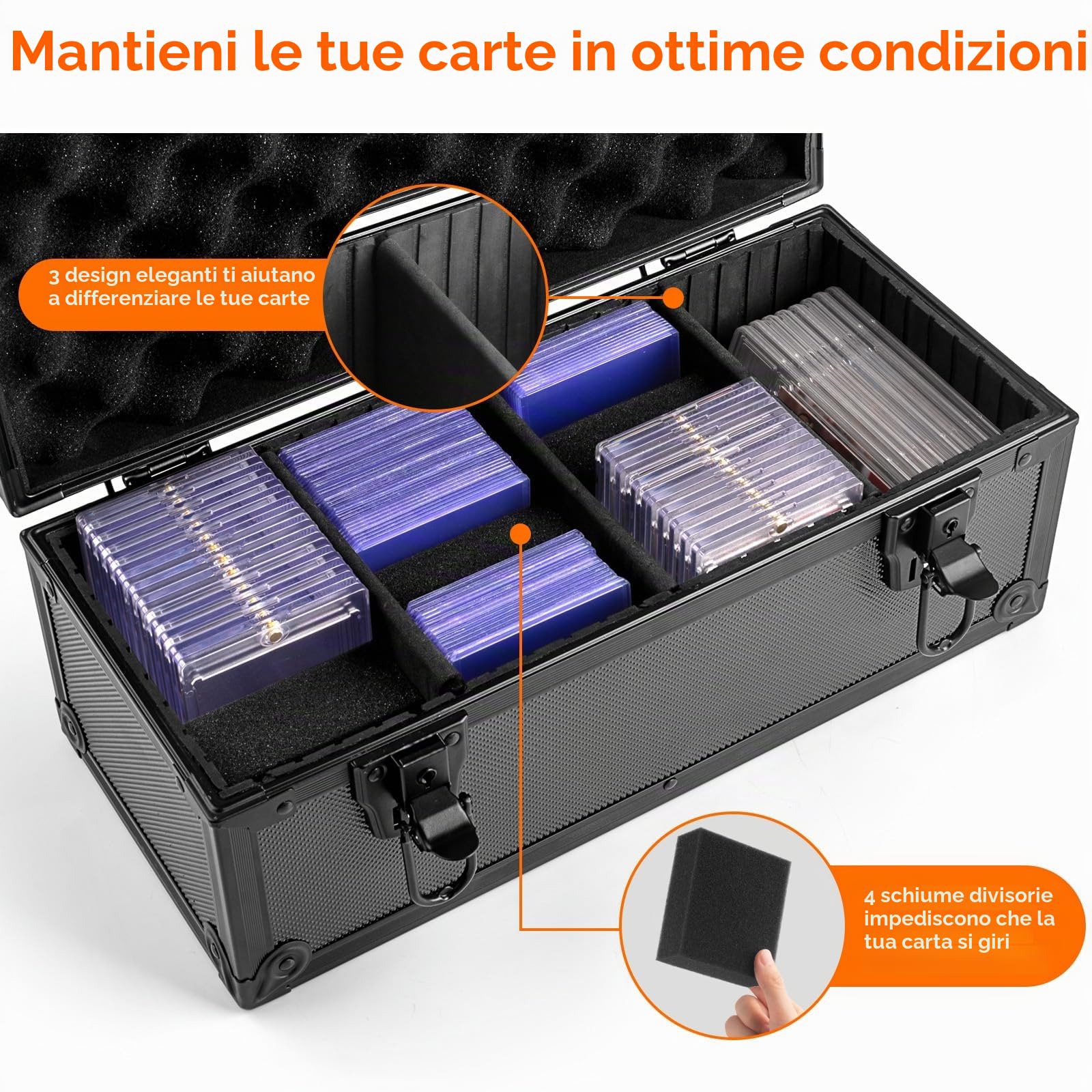 Scatola Porta Top Loader, Valigetta Carte Gradate con Lucchetti a Chiave, Trading Card Holder Box per 300+ Top Loaders, 76 One Touch (35pt), 48 PSA/GMA, 43 CSG, 41 SGC, 36 HGA