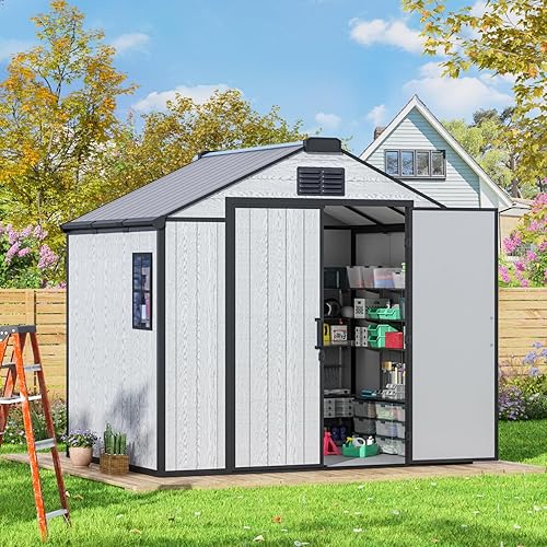 MELLCOM 8 x 6 FT Outdoor Storage Tool Shed with Windows and Lockable Door, Resin Outdoor Storage Shed with Floor, Resin Garden Shed for Lawnmower, Pool Supply, Bike