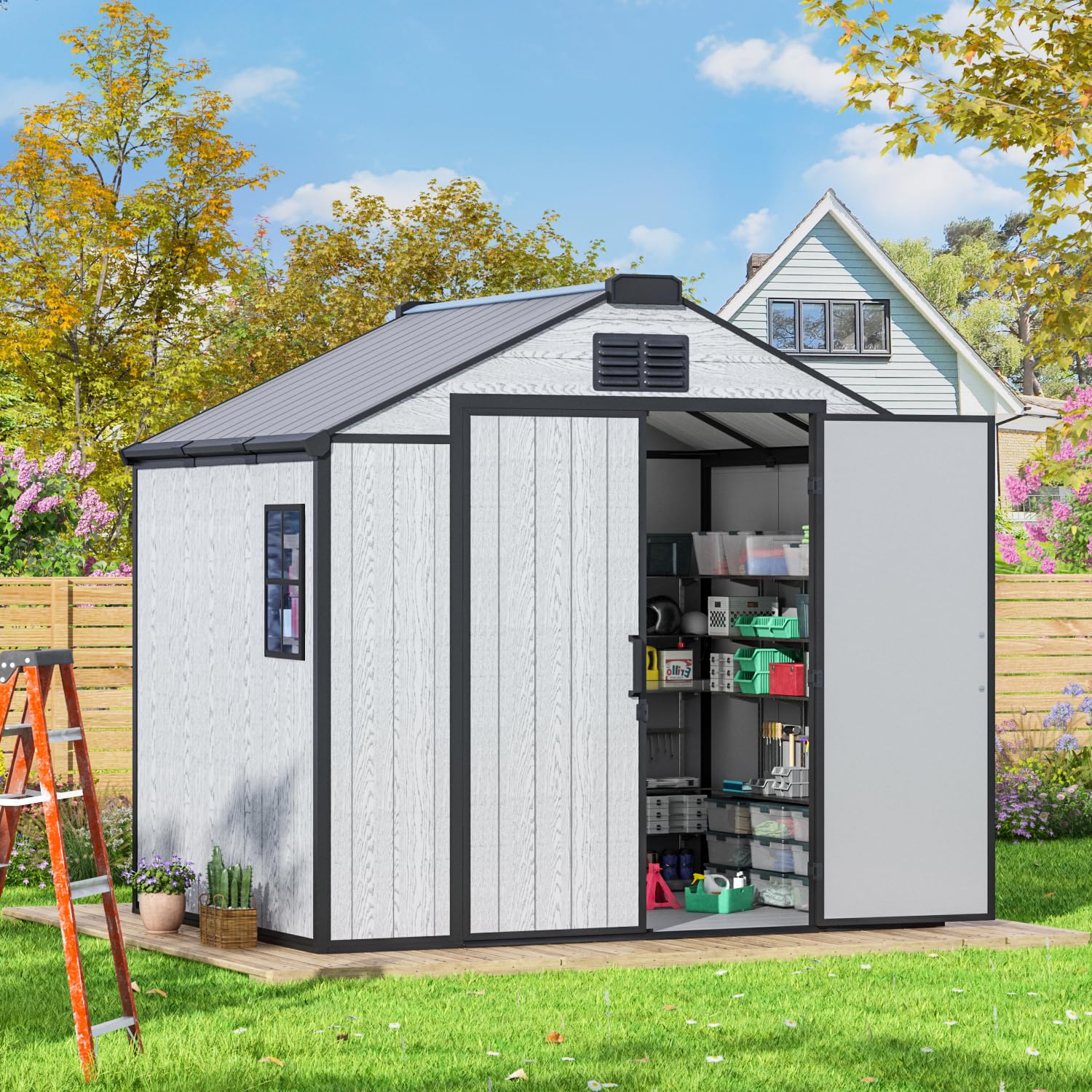 MELLCOM 8 x 6 FT Resin Outdoor Storage Shed with Floor, Outdoor Storage Tool Shed with Windows and Lockable Door, Resin Garden Shed for Lawnmower, Bike, Pool Supply - 1
