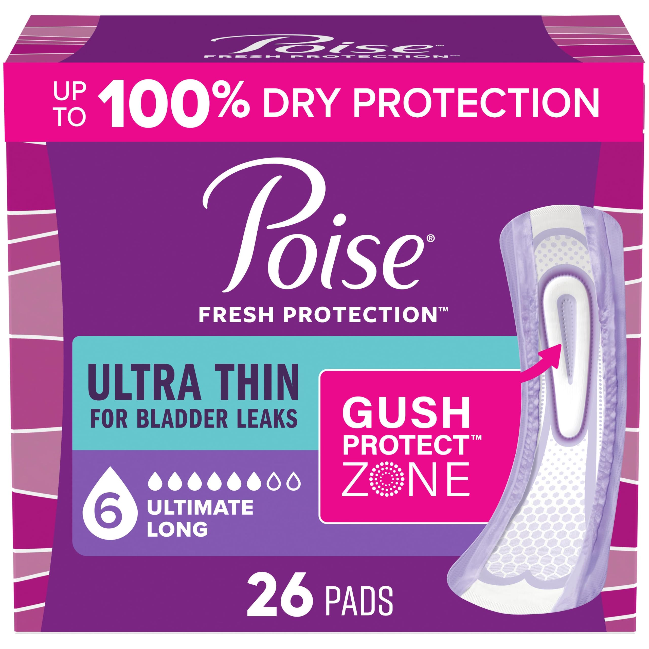 Photo 1 of Poise Ultra Thin Incontinence Pads, 6 Drop, Long, 26 Count