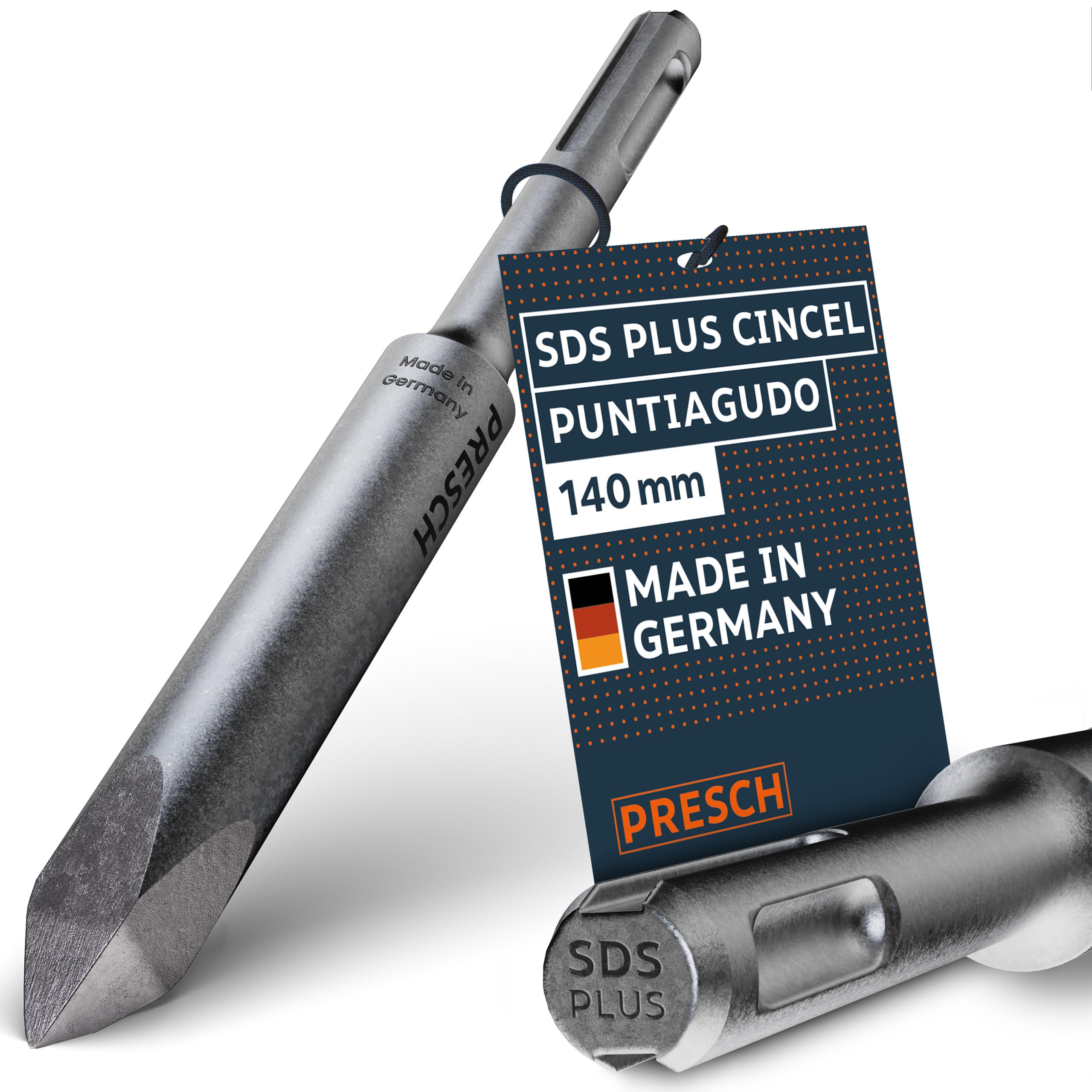 PRESCH SDS plus Cincel Puntiagudo - Punta extremadamente robusta y duradera - Para todos los trabajos de perforación (longitud 140 mm) - Cincel de acero de alto rendimiento para golpes potentes
