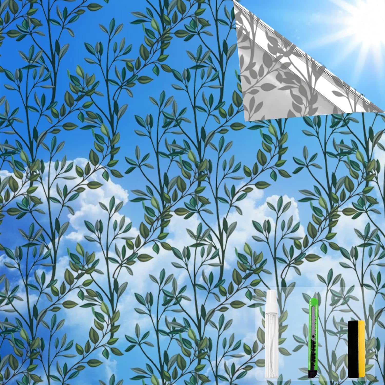 One Way Privacy Film, Window Tint for Home,Daytime Reflective, Anti UV Static Cling Sliding Door Coverings No Glue Garage Solar Paper (Silver-Leaves, 45.27 x 78.7 in) Silver-leaves 45.2 in X 78.7 in