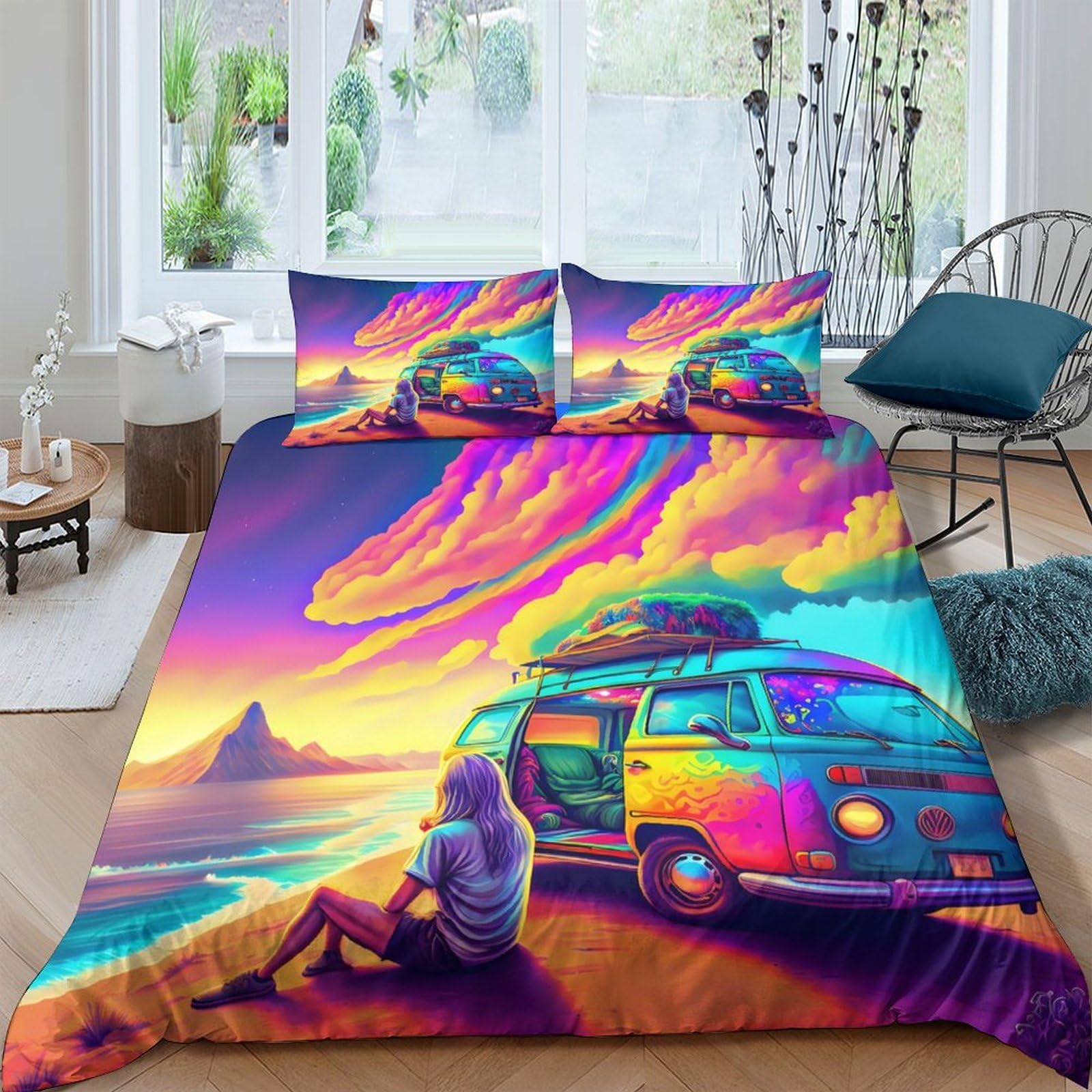 GPLZQXKJNH 3D Printed Sunset Beach Van Duvet Cover Microfiber Soft Breathable Psychedelic Bedding Set with 2 Pillowcases for Bedroom Home Single（135x200cm）