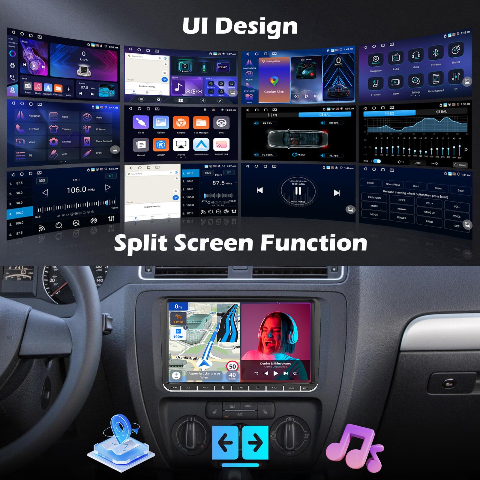 4+64G Android 15 Radio Coche para VW Golf 6 Seat Leon Passat Tiguan Polo Golf 5 Jetta Sharan T5 con Carplay Inalámbrico Android Auto Inalámbrico - 9" Pantalla Táctil WiFi FM/RDS GPS BT Cám
