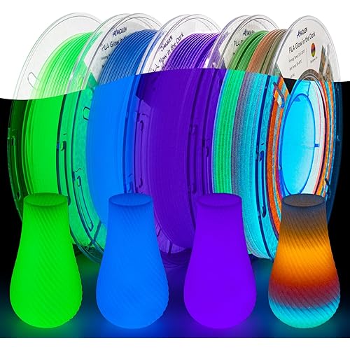 AMOLEN Glow in The Dark 3D Printer Filament Bundle, Glow Filament Multicolor, 5 Meter Rainbow, Green, Blue and Blue-Purple, 1.75mm PLA Filament, Dimensional Accuracy +/- 0.02 mm, 200g X 4 Pack