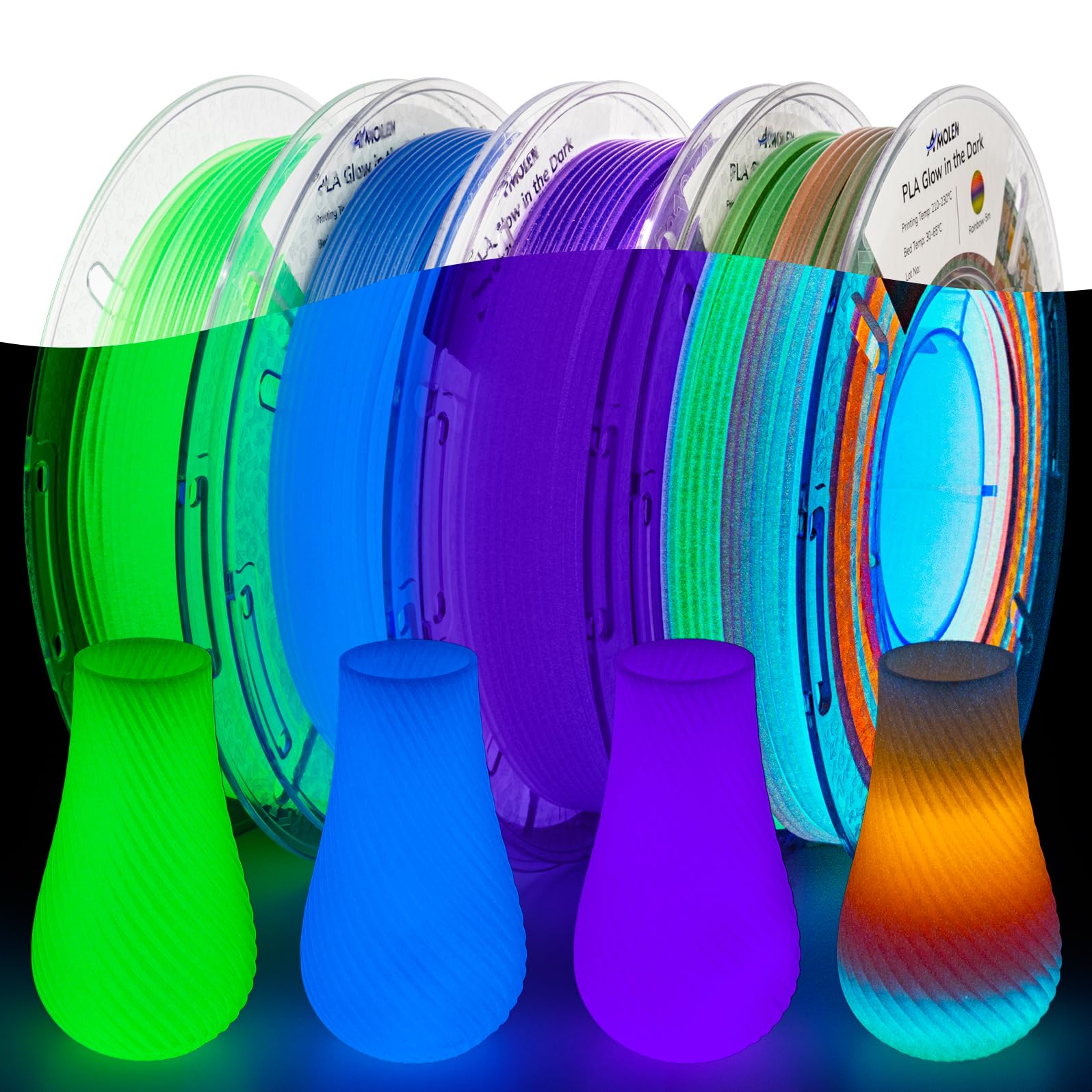 AMOLEN Glow in The Dark 3D Printer Filament Bundle, Glow Filament Multicolor, 5 Meter Rainbow, Green, Blue and Blue-Purple, 1.75mm PLA Filament, Dimensional Accuracy +/- 0.02 mm, 200g X 4 Pack