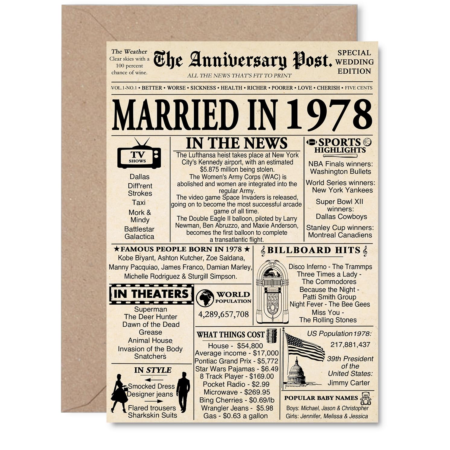 47th Anniversary Card for Men Women - Newspaper Married in 1978 - Happy 47 Year Wedding Anniversary Card for Wife Companion Partner Husband, A5 Anniversaries Greeting Cards