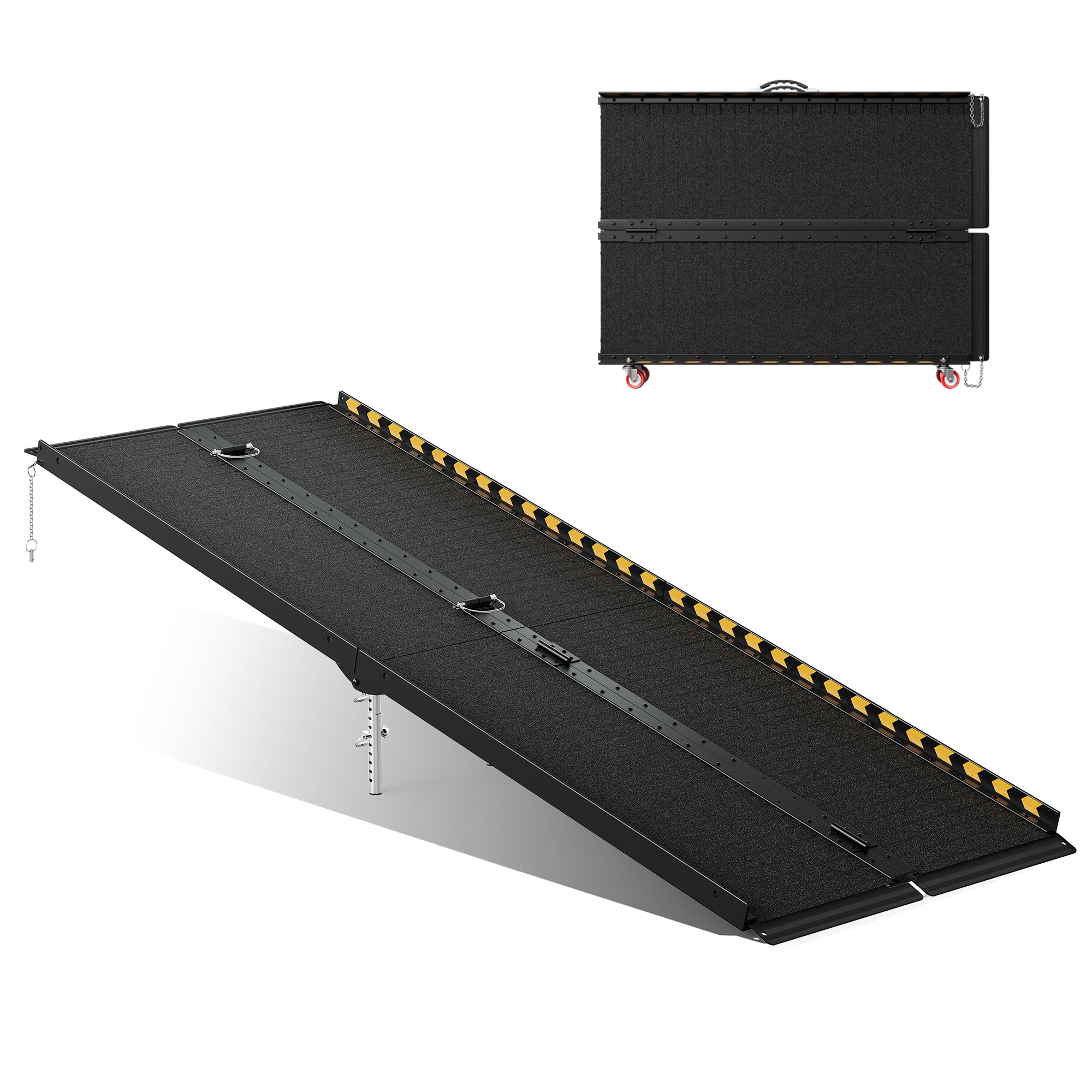 213 cm Rollstuhlrampe, 363kg Kapazität, mit 4 verstellbaren Stützen, 4 Rädern, Hochfeste Aluminiumlegierung, Anti-Rutsch, 4-Wege Faltbar, Ideal Rampe Rollstuhl für Treppen & Türschwellen 17-35 cm