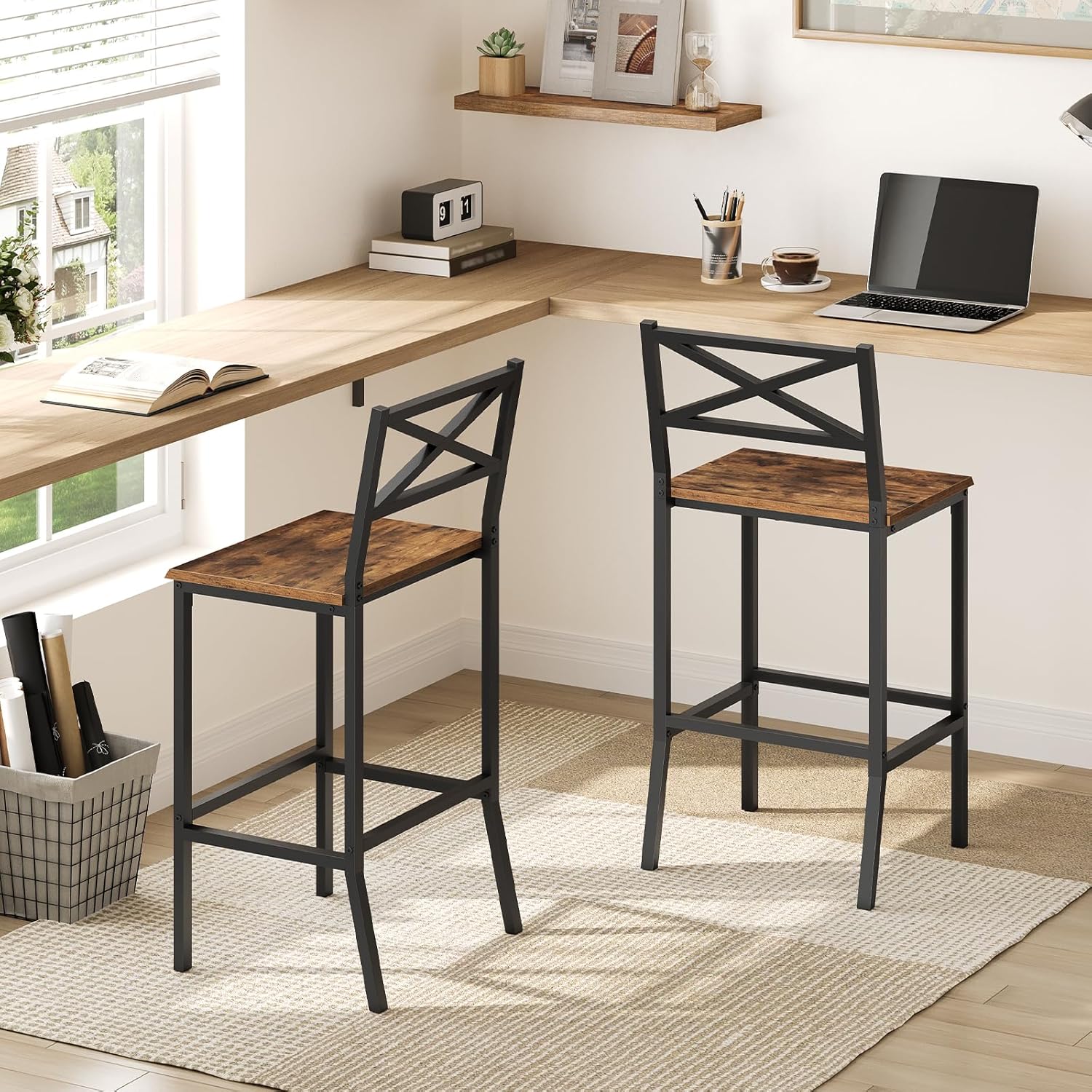 Bar Stools, Set of 2 Bar Chairs with Backrest and Footrest, 26" Tall Counter Bar Stools, Kitchen Breakfast Bar Chairs, for Dining Room, Rustic Brown BAHR94501