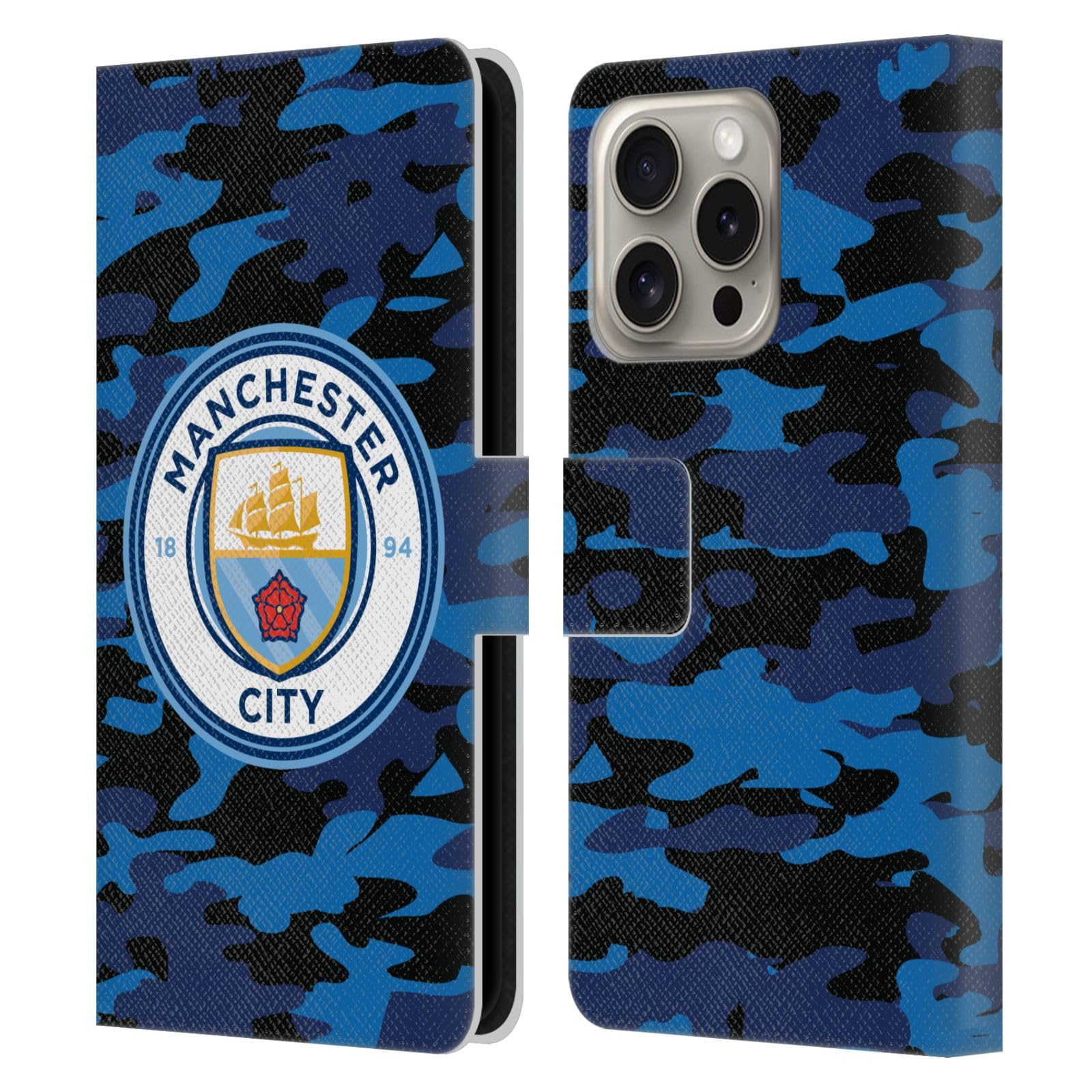 Head Case Designs Officially Licensed Manchester City Man City FC Dark Blue Moon Badge Camou Leather Wallet Case Compatible With Apple iPhone 16 Pro