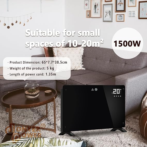 DONYER POWER 1500W Convector Heater, Ultra-thin Wall-mounted or Freestanding, 24H Timer Remote Controlled Operated with WIFI Connection, Black Glass Panel