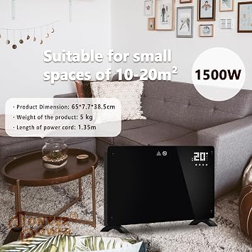 DONYER POWER 1500W Convector Heater, Ultra-thin Wall-mounted or Freestanding, 24H Timer Remote Controlled Operated with WIFI Connection, Black Glass Panel