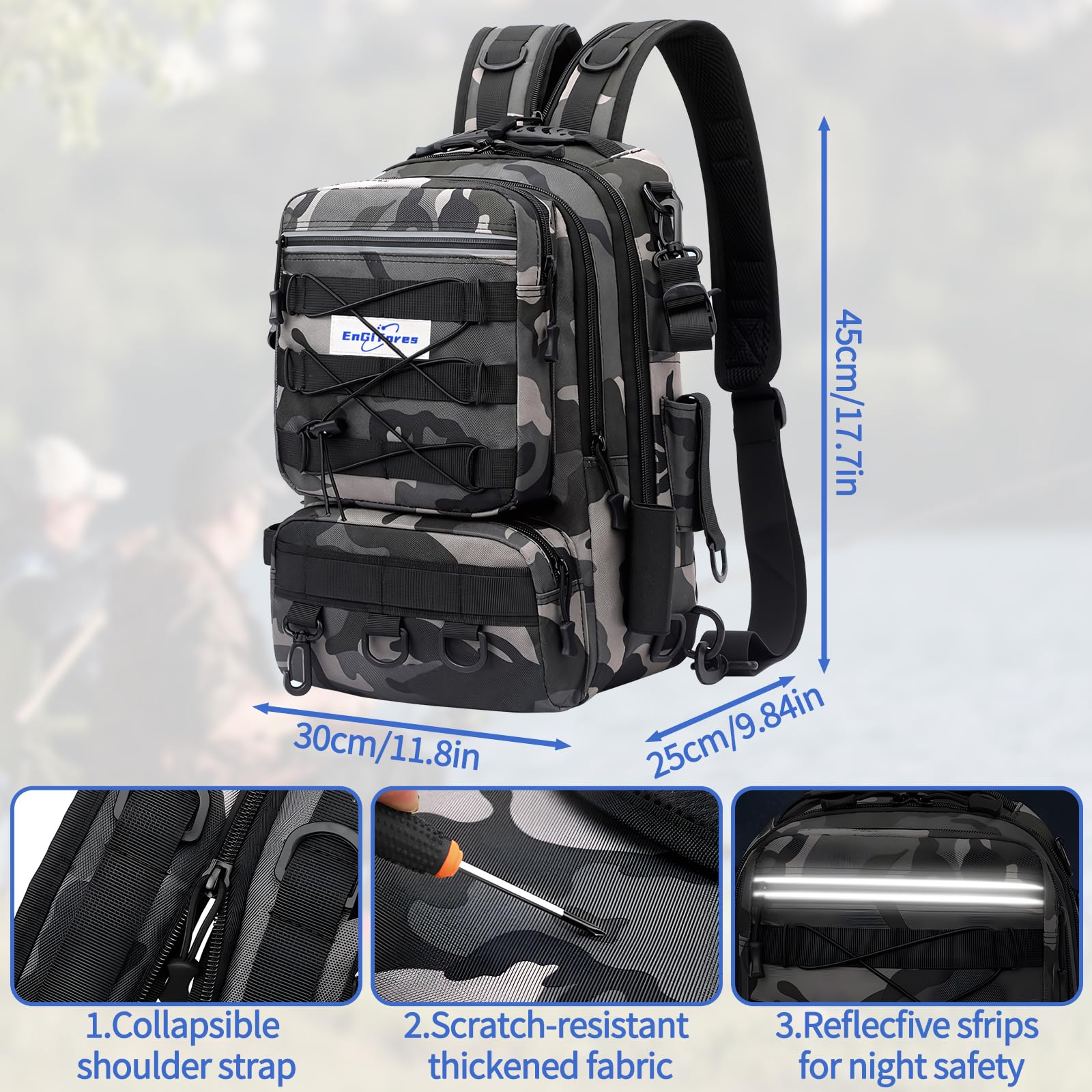 Mochila de Pesca, EnGiTores Bolsa de Pescas Mochila para Aparejos Pescas Soporte para caña Bolsas Almacenamiento Aparejos Impermeables Bolsa Pesca Senderismo Caza Camping Deporte Aire libr(45×30×25cm)