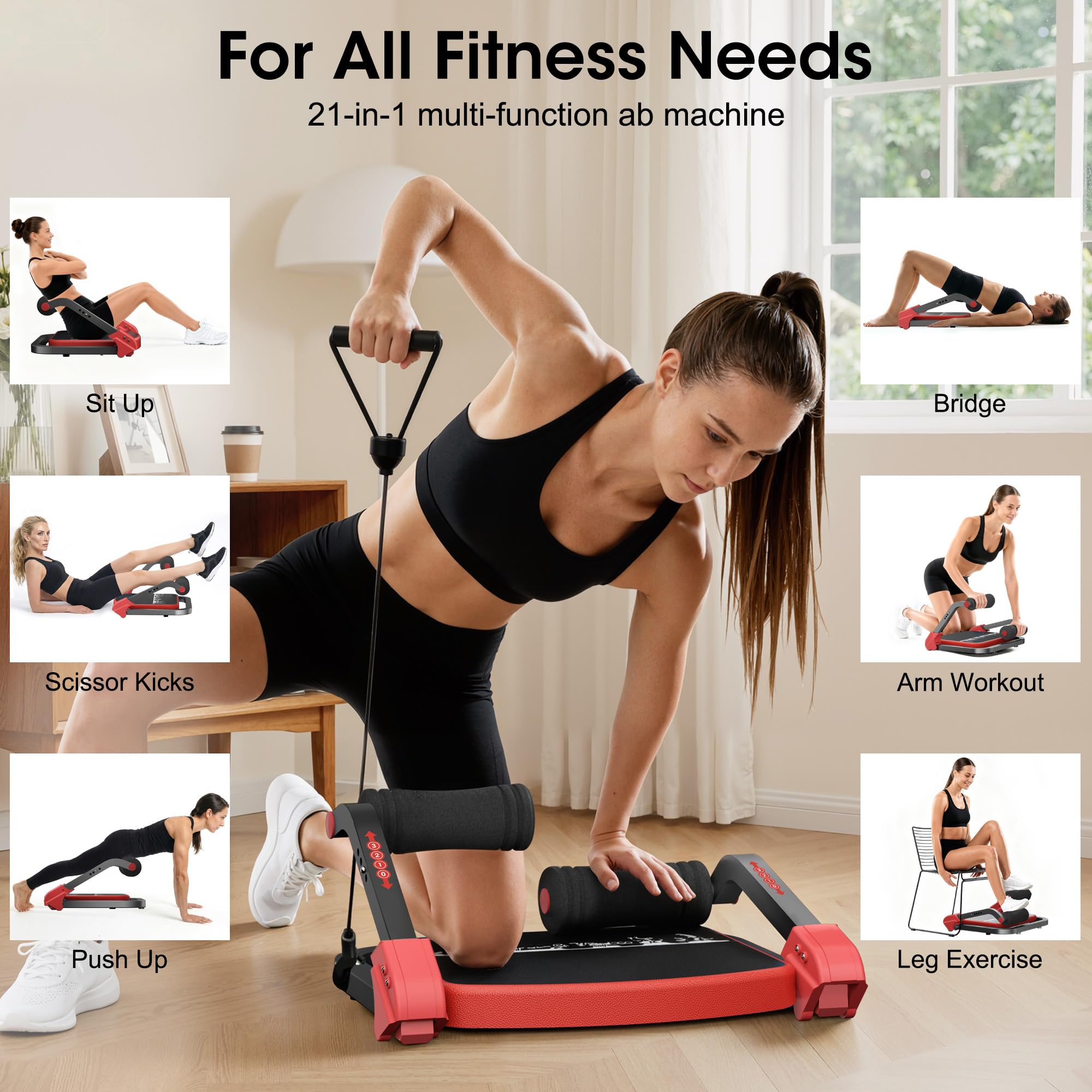 Bauchtrainer, Sit-Up Gerät mit zwei Zugseilen, 4-fach einstellbarer Widerstand, automatischer Rückprall, Ab Trainer für Zuhause und Fitnessstudio