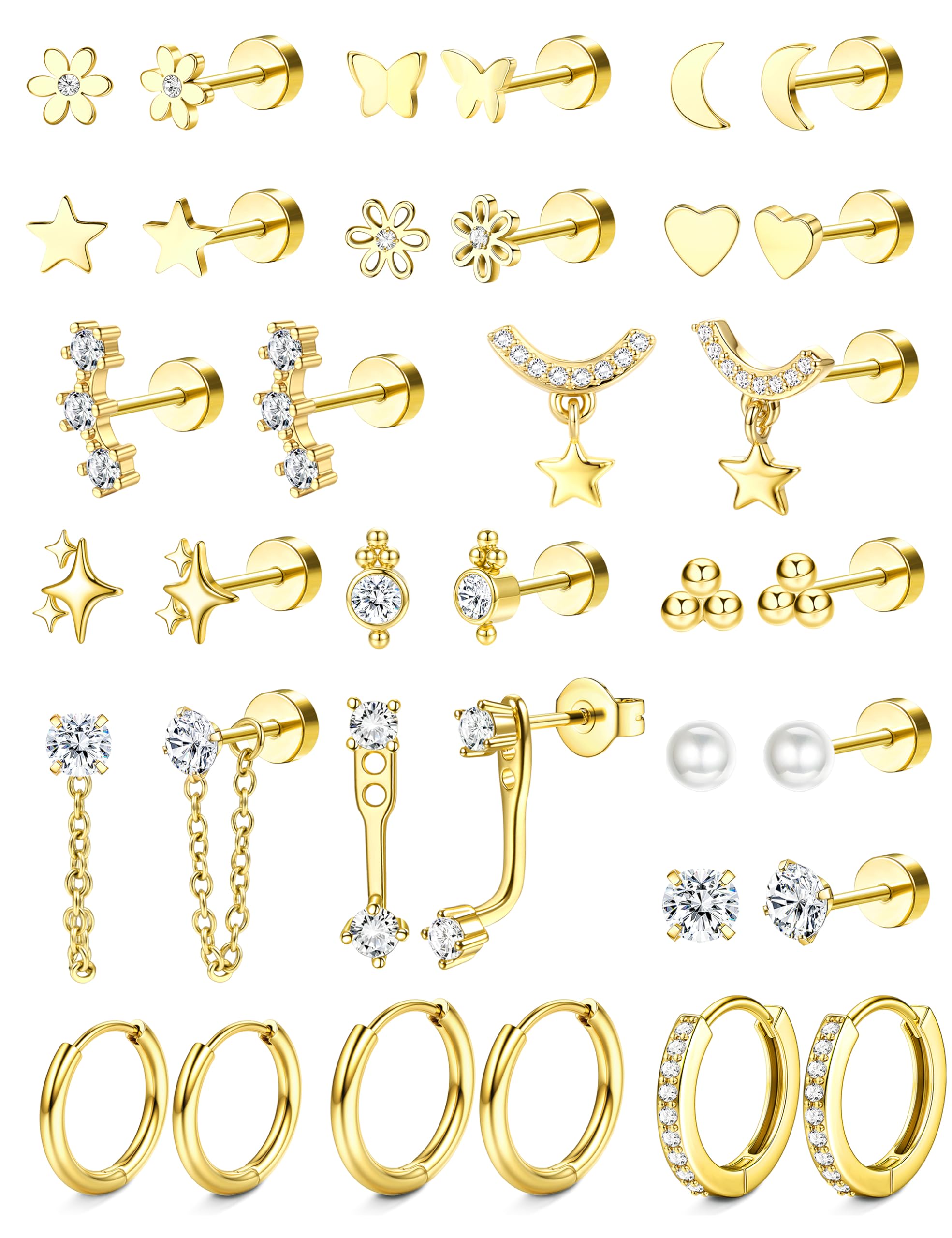 Hypoallergenic Flat Back Earrings 14K Gold Plated Cartilage Earring Stacks for Sensitive Ears Surgical Steel Small Huggie Hoops Flatback Stud Earrings Set for Multiple Piercing Jewelry Gift for Women - 2