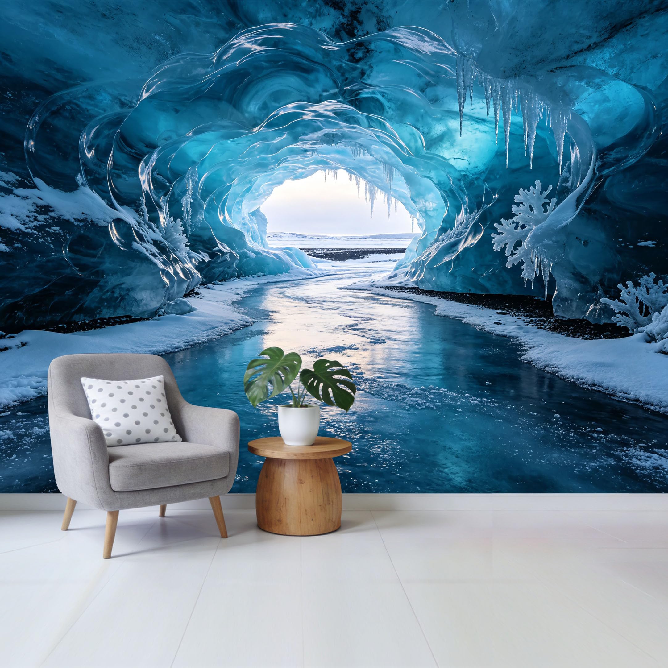 Custom Size Wall Mural Majestic Glacier Ice Cave Landscape 3D Trompe L'Oeil Removable Self Adhesive Fabric，Home Wall Decor for Living Room Bedroom Bathroom