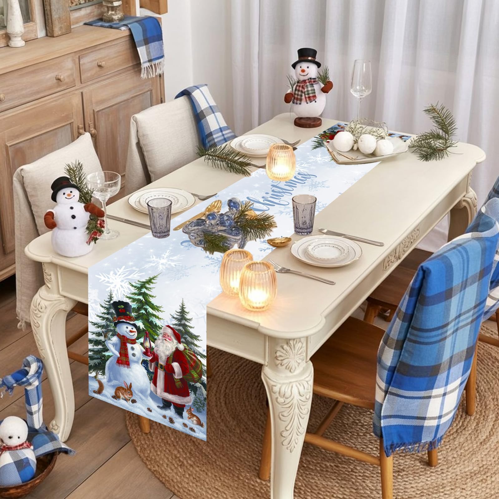 Froova Snow Christmas Table Runner, 13x72 Inch White Santa Claus & Snowman Forest Xmas Table Runner - Image 4