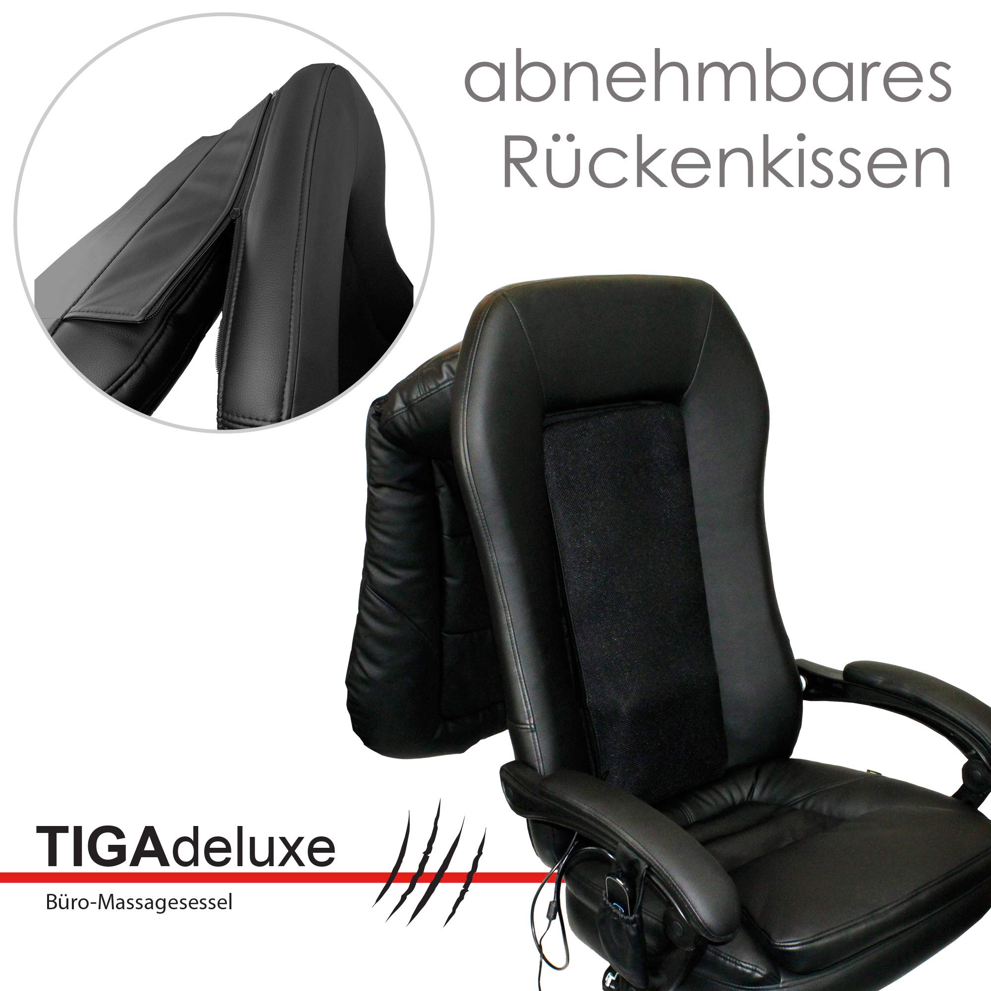 @tec Tiga Deluxe Chefsessel mit Massagefunktion und Wärme, Bürosessel mit kräftiger Shiatsu Massage, Bürostuhl gepolstert mit Rollen, Drehstuhl Kunstleder schwarz