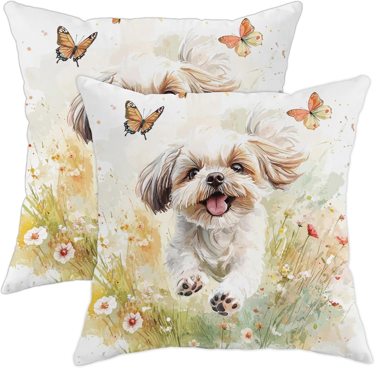 Shih Tzu Dog Throw Pillow Covers 16x16 Set of 2, Soft Watercolor Flower Plant Pillow Cases Kit with Zipper, Spring Pet Velvet Decor for Couch Sofa Living Room Bed