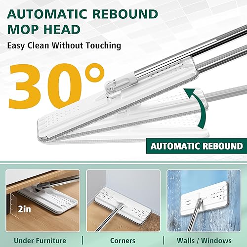 Miniatura 4 de JC Jorden Trapeador y cubo con juego de escurridor, trapeador de piso plano manos libres y cubo, 3 almohadillas de microfibra lavables incluidas,
