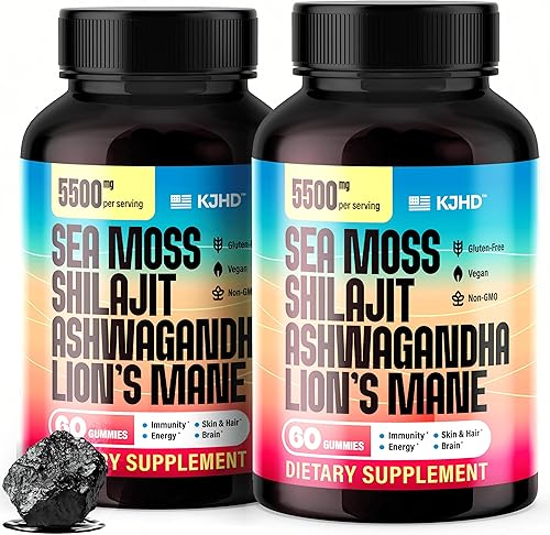 KJHD 2 gomitas Shilajit Ashwagandha con musgo marino, raíz de remolacha, hongo de melena de león y aceite de semilla negra, suplemento de