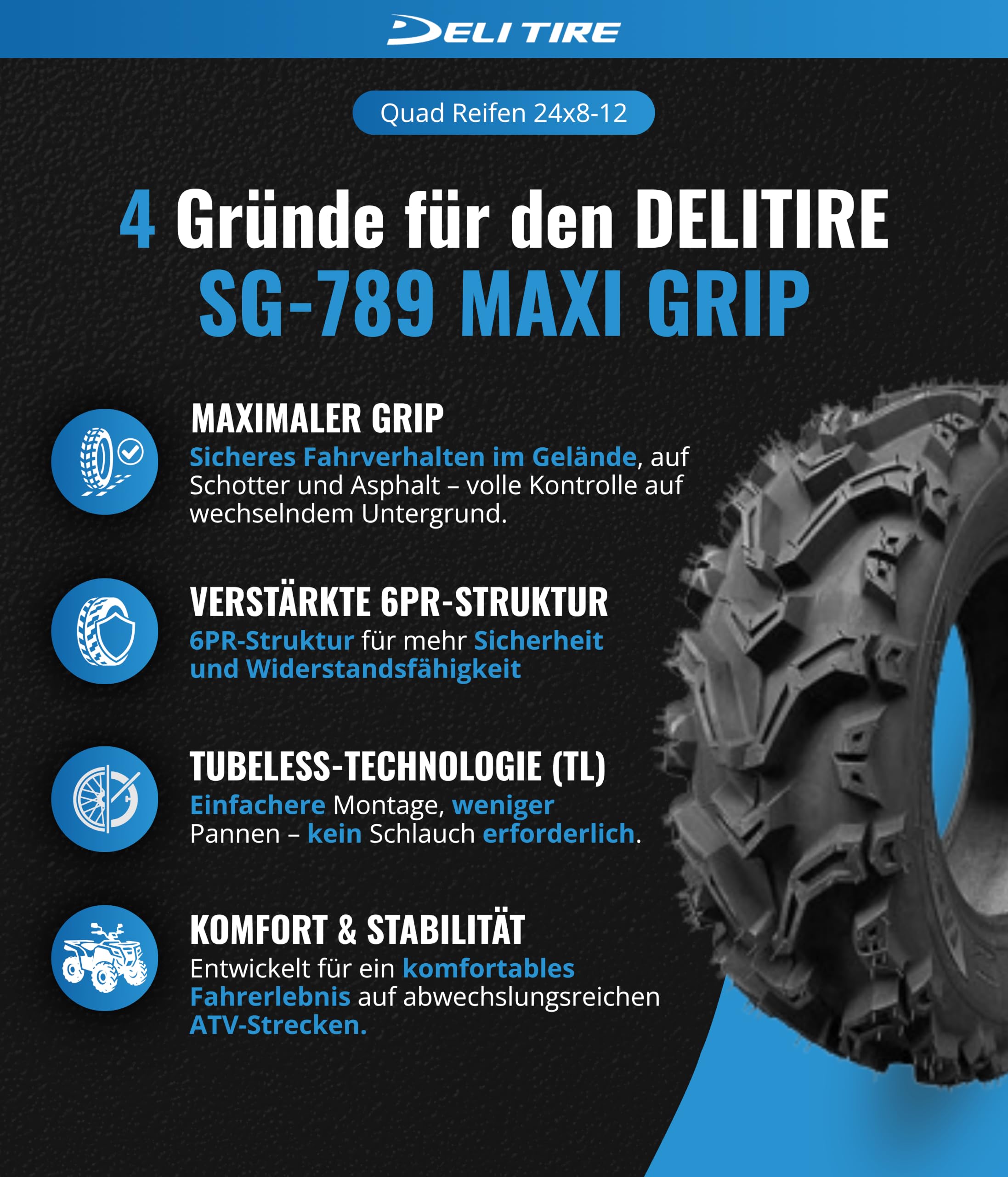 ATV Quad Reifen 24x8-12 SG-789 Maxi Grip 6PR TL 40J | Ganzjahresreifen für Quad/ATV. Naturkautschuk-Mischung: lange Haltbarkeit, gutes Fahrverhalten. TL, 6PR, 40J.