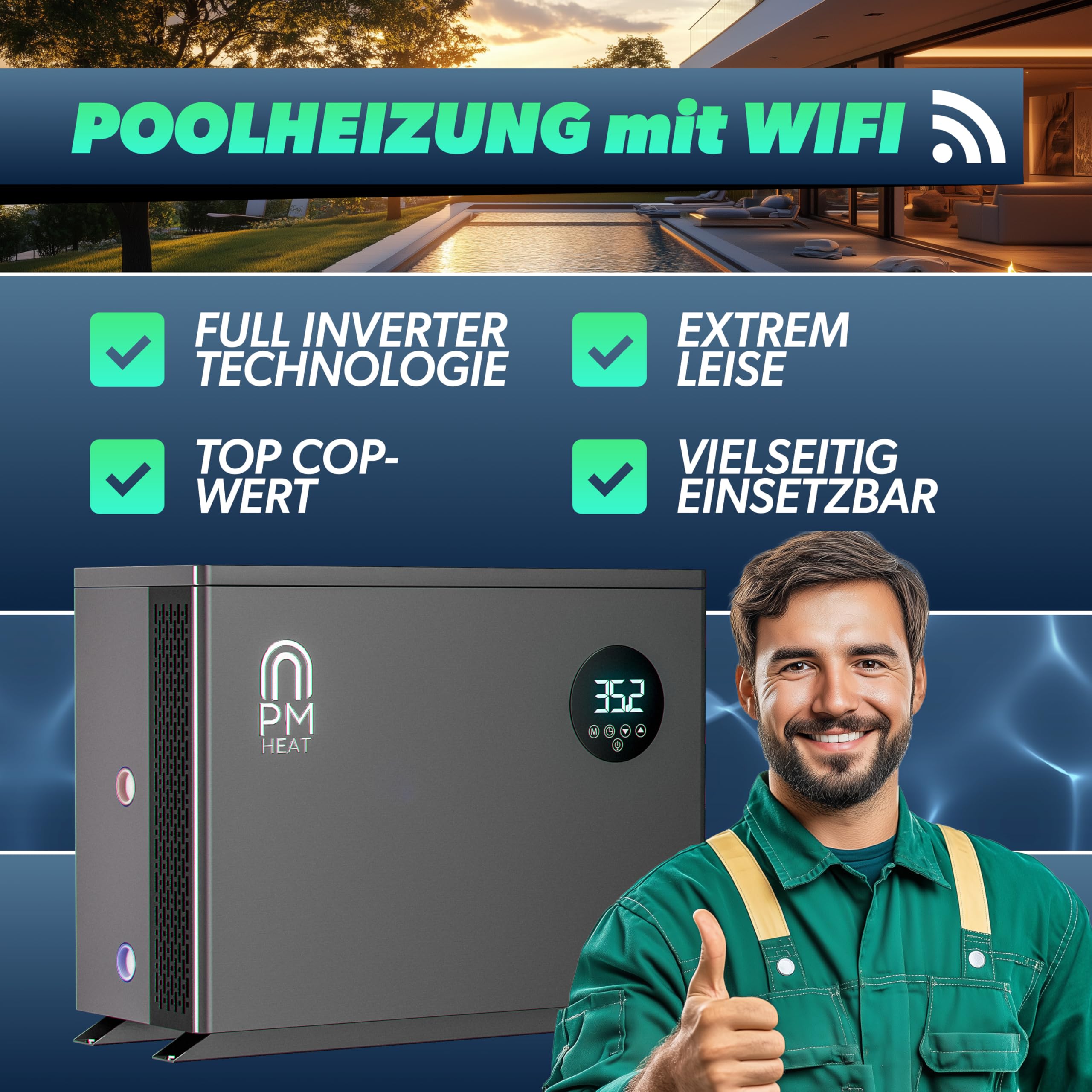 poolomio® Wärmepumpe Pool 20 bis 55m³ | Effiziente Full Inverter Wärmepumpe Invermo 9,5 kW mit Smarter App-Steuerung | Ultra leise Poolheizung mit Smarter App-Steuerung (9.500 Watt, COP 15)