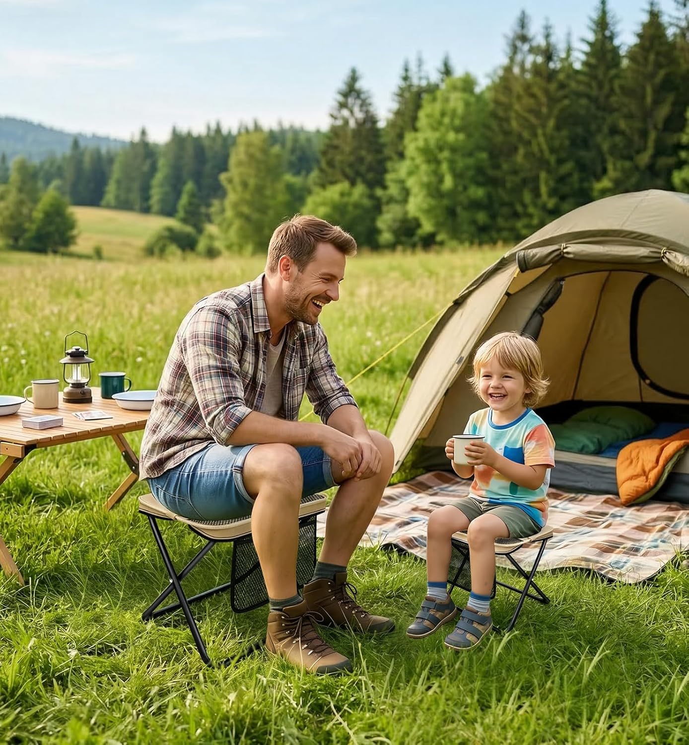 2 Pack XL Portable Chairs for Adults, 14.2" Wide Seat & Knee-Friendly Folding Stool Pocket Chair, Foldable Backpack Stool, Heavy Duty Collapsible Camping Seat for Fishing Travel - Khaki