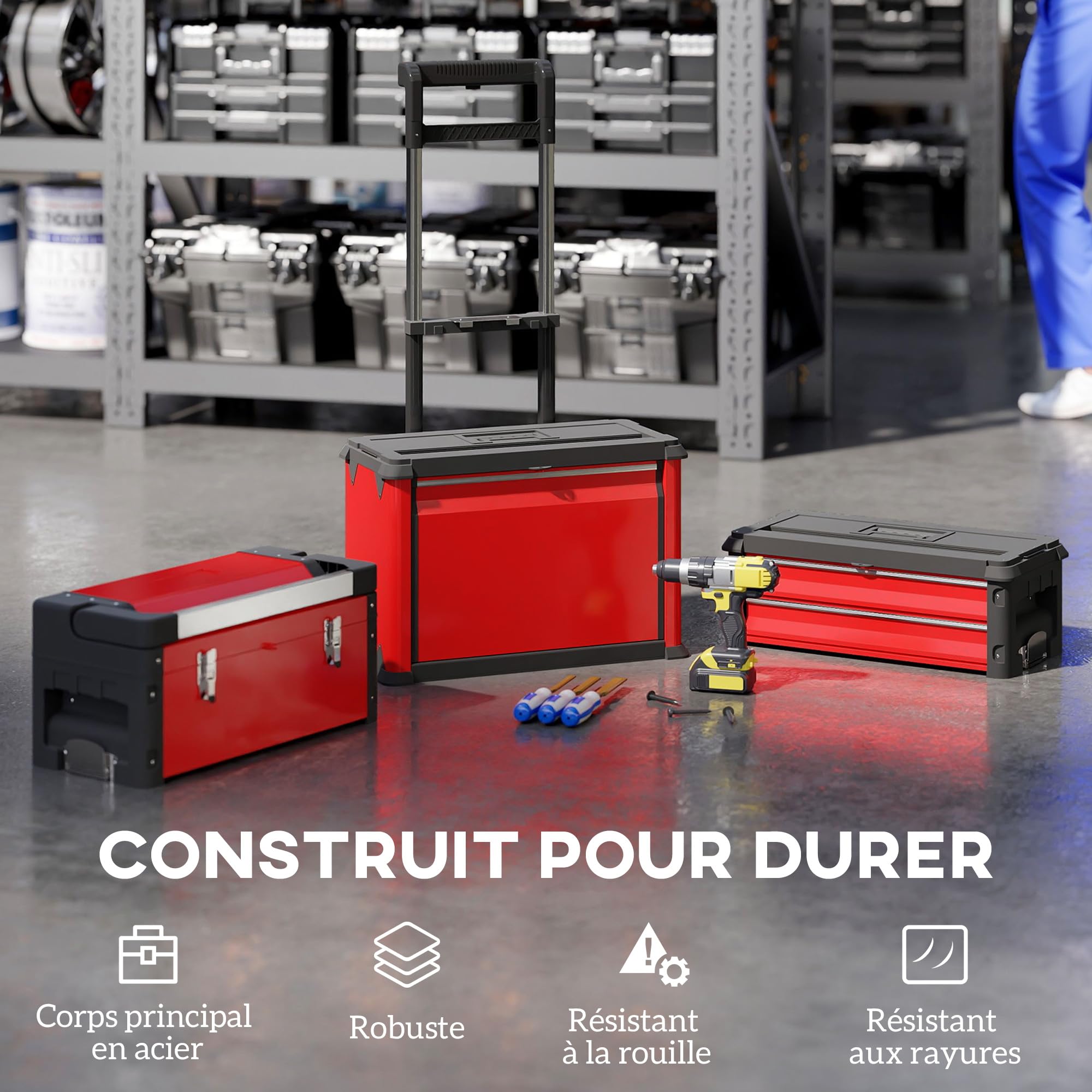 HOMCOM Lot de 3 Boîtes à Outils sur Roulettes Empilables Modulaires Rouge | Servante d'Atelier, Caisse à Outils sur Roulettes, Acier, Plateau, Poignées, Serrure, pour Garage, Entrepôt