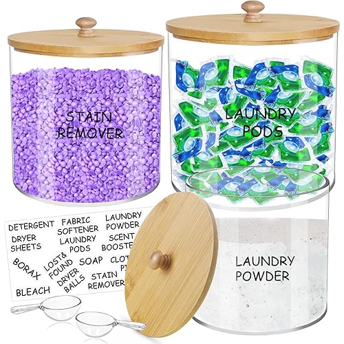 Large Capacity Laundry Room Organization Jars, 3 Pcs Acrylic Laundry Detergent Container with 2 Scoops & Labels, Clear Laundry Jars for Powder, Dryer balls, Pods,Scent Boosters, Laundry Room Storage