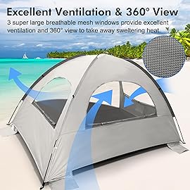 WhiteFang Beach Tent Anti-UV Portable Sun Shade Shelter for 4 Person, Extendable Floor with 3 Ventilating Mesh Windows Plus Carrying Bag, Stakes and Guy Lines (Baby\'s Breath)
