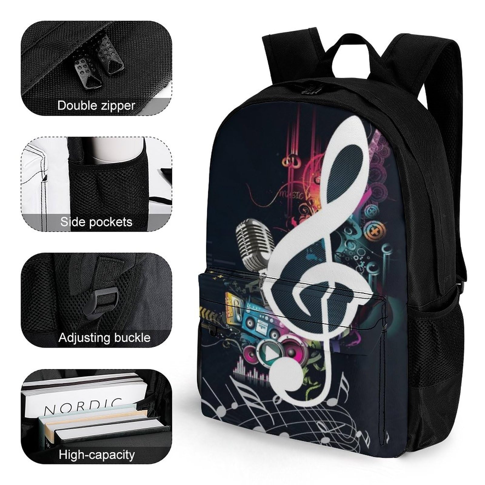 Tagesrucksack, Notenmusik-Rucksack, Rucksack mit Taschen für Wandern, Camping, Reisen