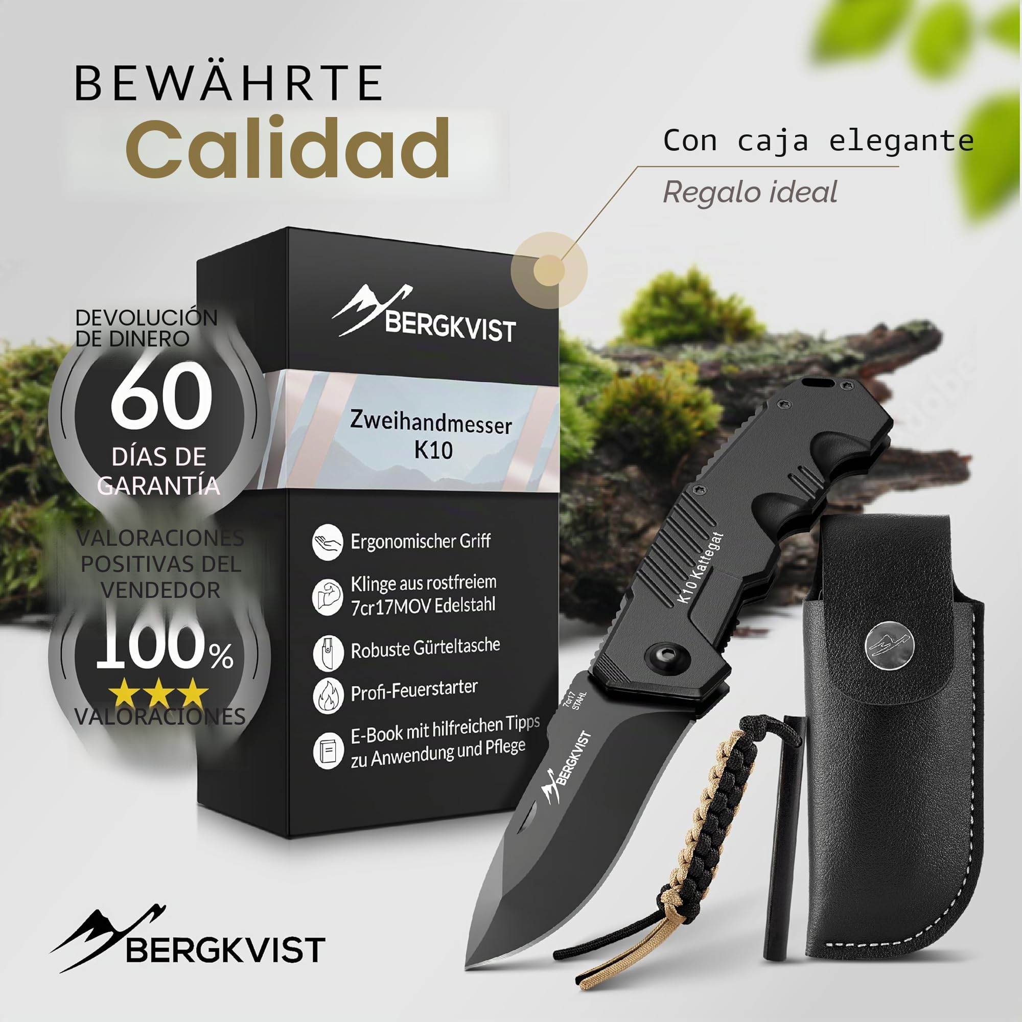 BERGKVIST® K10 Cuchillo plegable [navaja de dos manos], negro | Navaja afilada para exteriores, supervivencia o caza, con acero al fuego y funda de cinturón, todo metal
