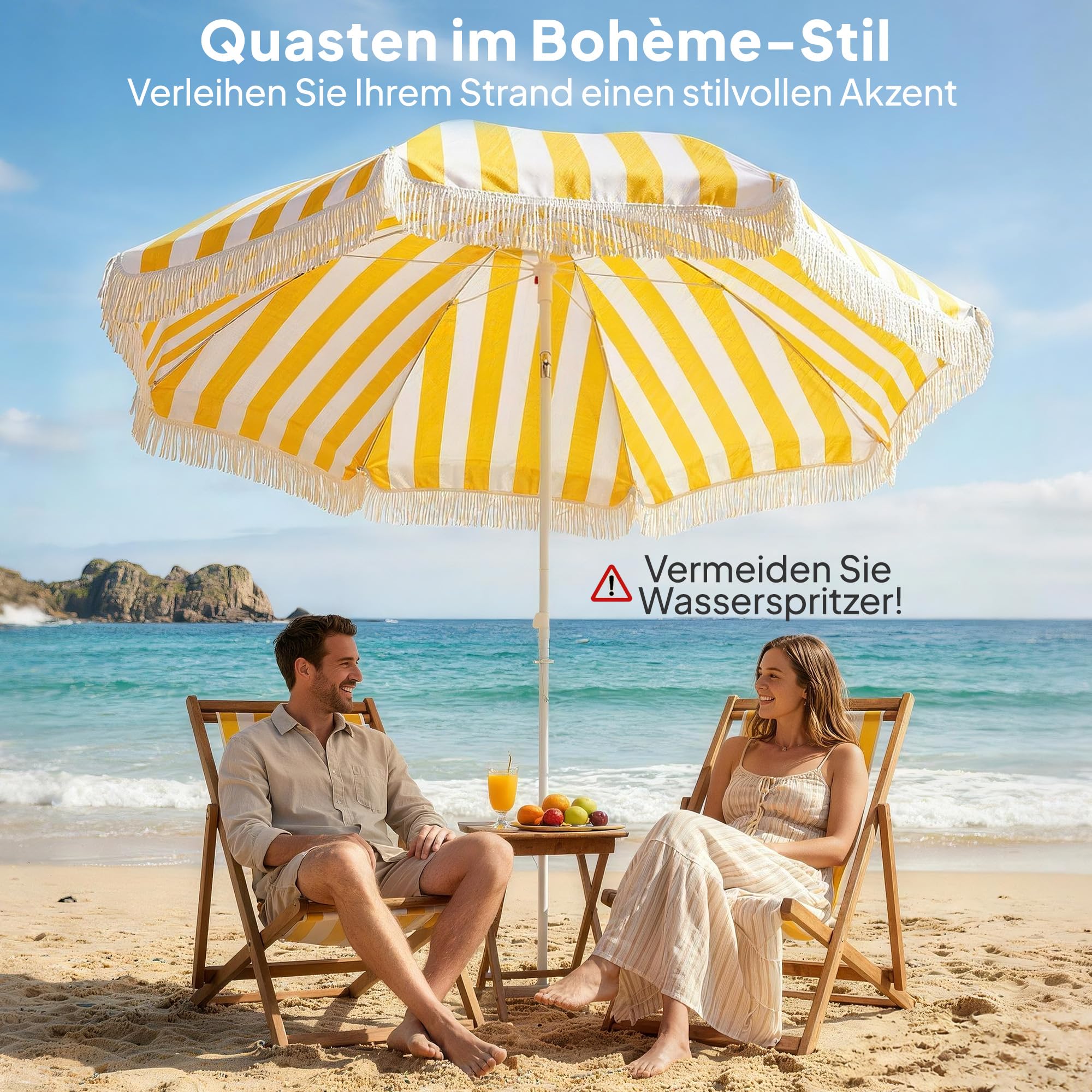 Outsunny Sonnenschirm Strand Ø180 cm windfest Strandschirm mit Sandanker verstellbarer Neigung Tragetasche Balkon-Schirm Gartenschirm sicherer Sonnenschutz für Reisen Strand Balkon Camping Gelb+Weiß