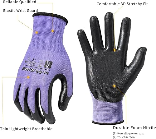 Miniatura 8 de MANUSAGE Guantes de trabajo de seguridad, excelente agarre, guantes de trabajo con revestimiento de palma de nitrilo de espuma de concha de nailon,