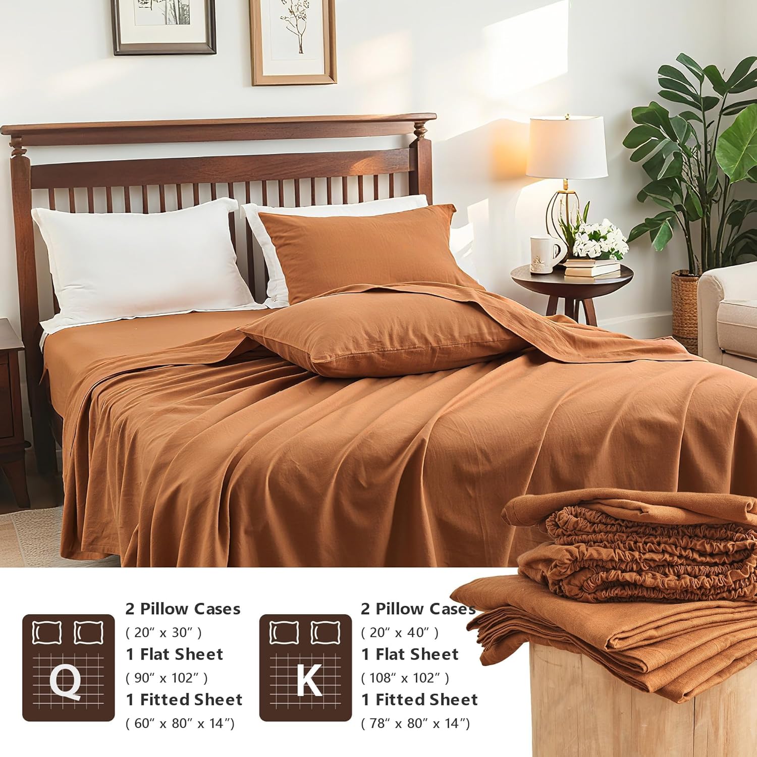 Flax Linen Cotton Sheet Set Queen Size, 4PCS Natural Linen Blend Bed Sheet with 1 Flat Sheet, 1 Fitted Sheet & 2 Pillowcases, Soft & Breathable Farmhouse Bedding Set for Hot Sleepers, Rust - Image 5