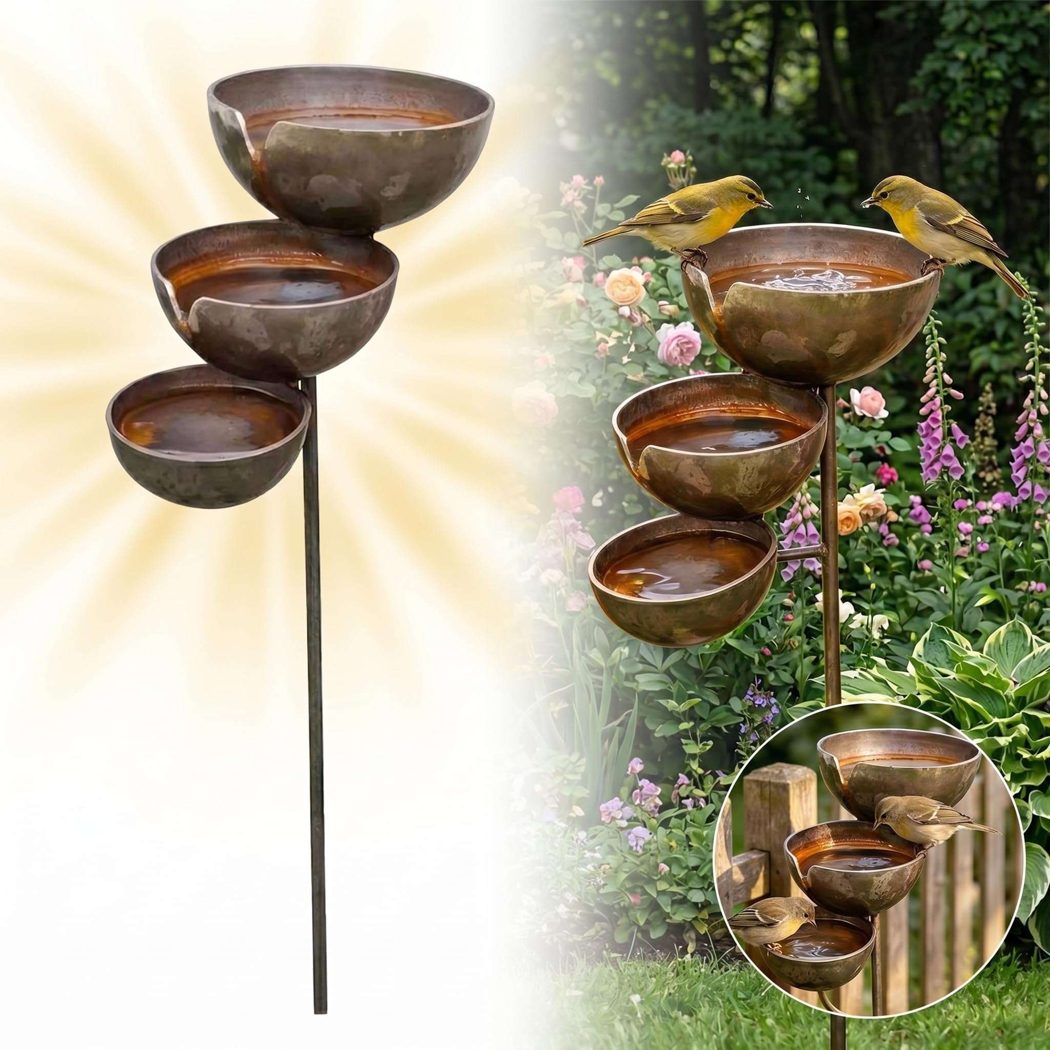 3-Tier Rain Catcher Bird Bath Stake,Metal RainCatcher Garden Stake,Cascading Bird Bath & Bee Watering Station,Rain Catchers for Garden Stake Bird Attraction & Climbing Plant Support Outdoor Use (1Set)