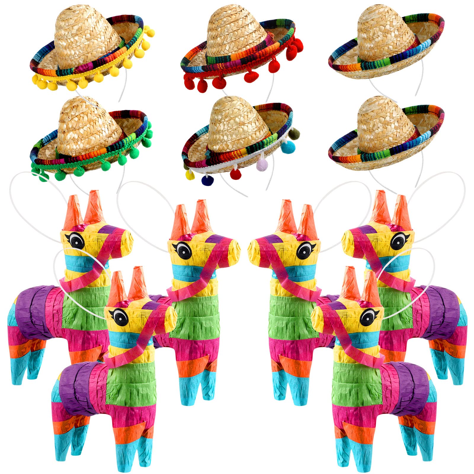 6 Pieces Mini Rainbow Donkey Piñata 4 x 7 Inch and 6 Pieces Sombrero Hat headbands for Cinco De Mayo Mexican Decorations Carnivals Festivals Taco