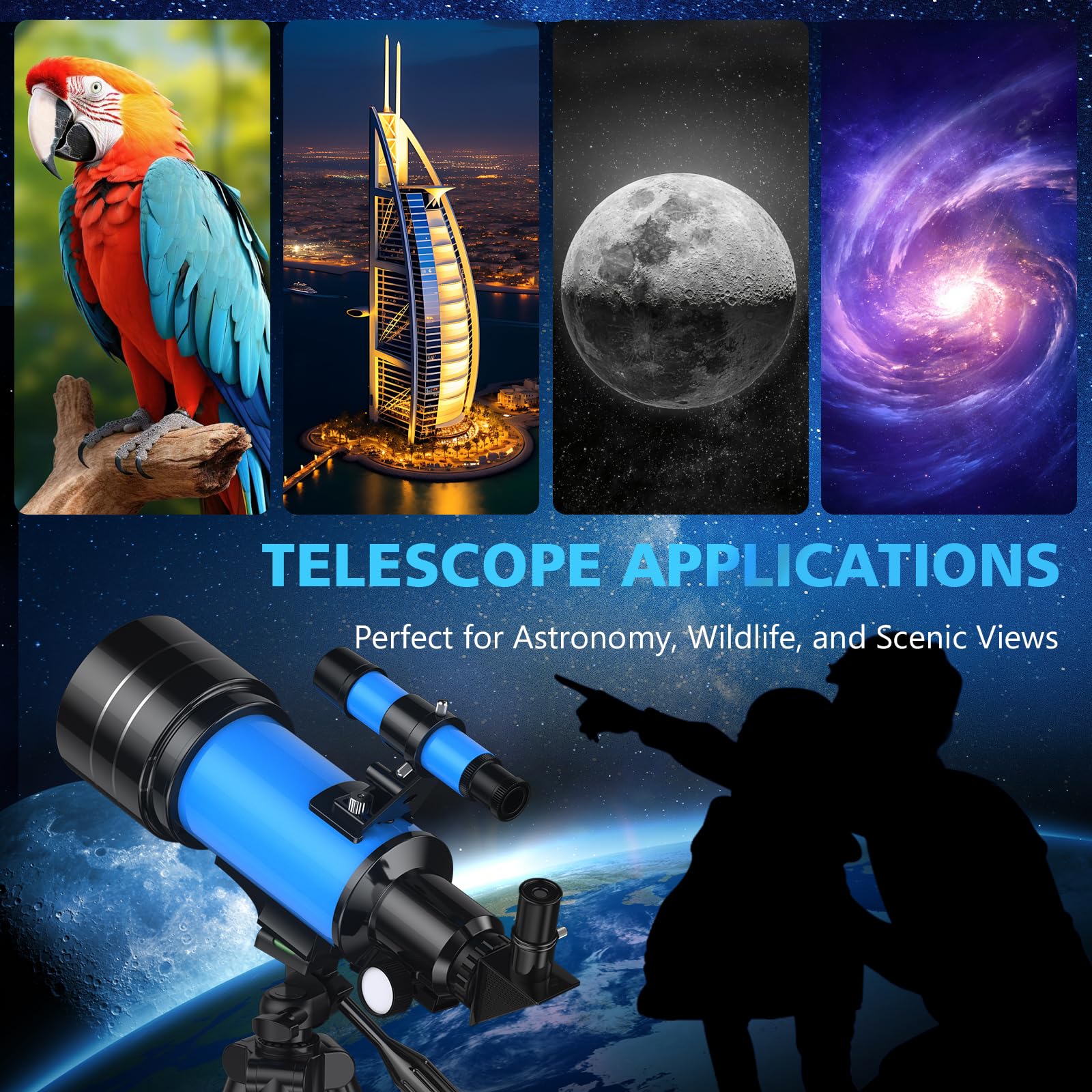Télescope 70MM Ouverture pour Adultes Enfants débutants en Astronomie, Telescope astronomique réfracteur entièrement Multicouche à Haute Transmission, Trépied, Adaptateur Téléphone,Télécommande
