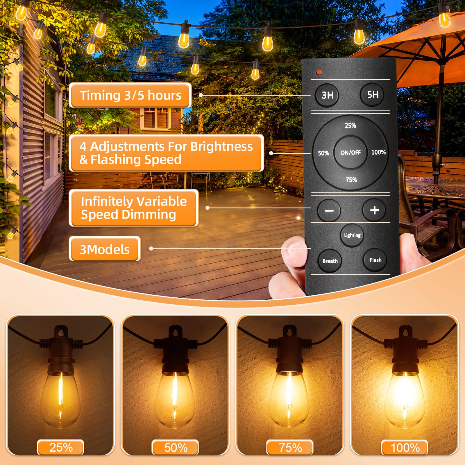 LED Outdoor String Lights Patio - 50FT Dimmable Hanging Light with Remote, Waterproof Shatterproof Edison Bulbs, 3 Modes 2 Timer Outside Lighting Connectable for Graden Porch Backyard Balcony Cafe