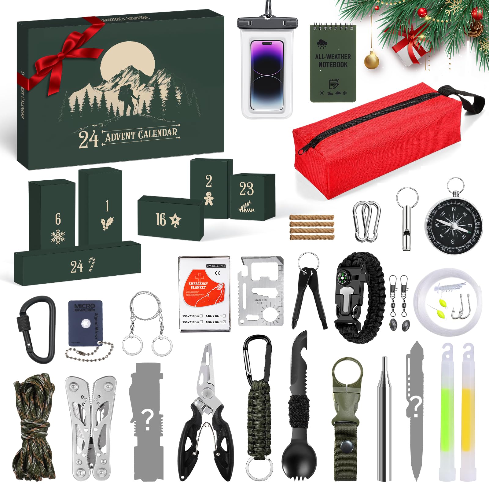 Calendario de Adviento Hombre 2025, Kit de Supervivencia Militar Multifuncional, Regalos Navidad para Aire Libre