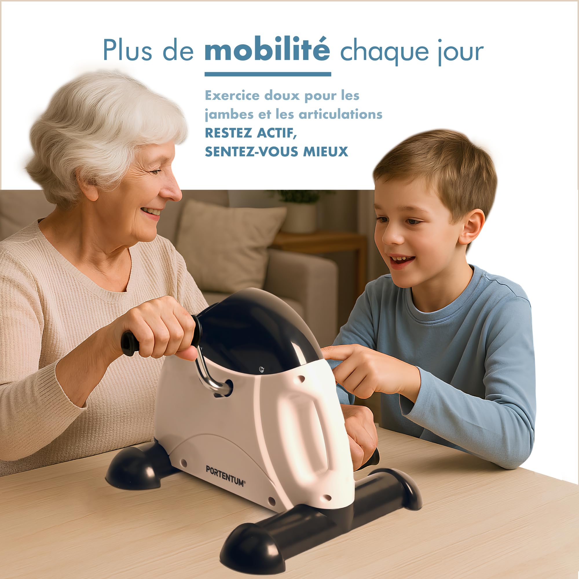 PORTENTUM Pedalier d'Appartement Senior avec écran LCD 6 Fonctions – Mini Velo Bras et Jambes Compact avec résistance réglable