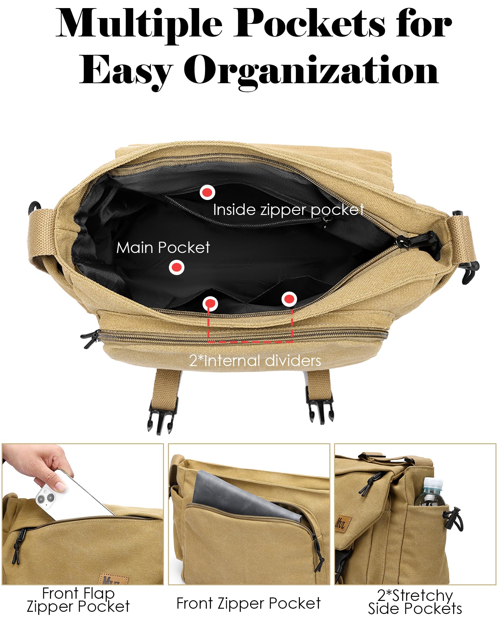 Borsa a tracolla uomo, messenger in canvas con tasche e cintura regolabile, vintage hobo unisex. Per lavoro, viaggi e quotidiano