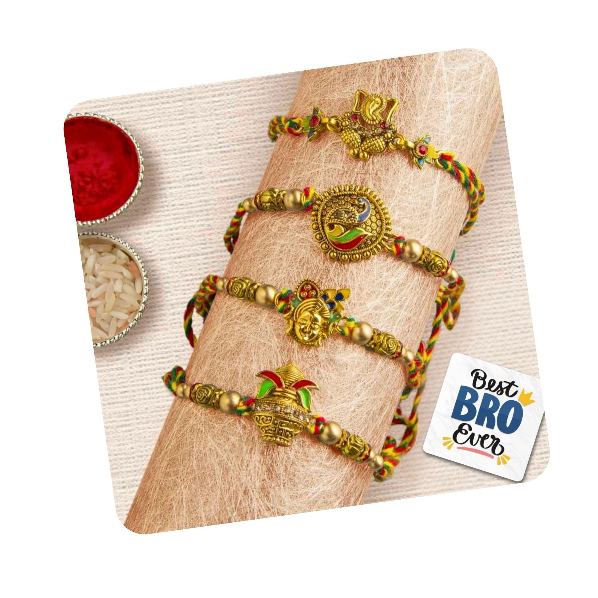 eCraftIndia Set of 4 Lord Ganesha, Peacock, Krishna & Kalash Designer Rakhis with Roli Chawal Pack and Happy Rakhi Wooden Cutout - Rakhi for Brother