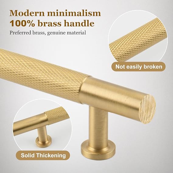 6-1/4 Knurled Solid Brass Cabinet Pulls, Brushed Gold 2-Pack