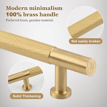 6-1/4 Knurled Solid Brass Cabinet Pulls, Brushed Gold 2-Pack