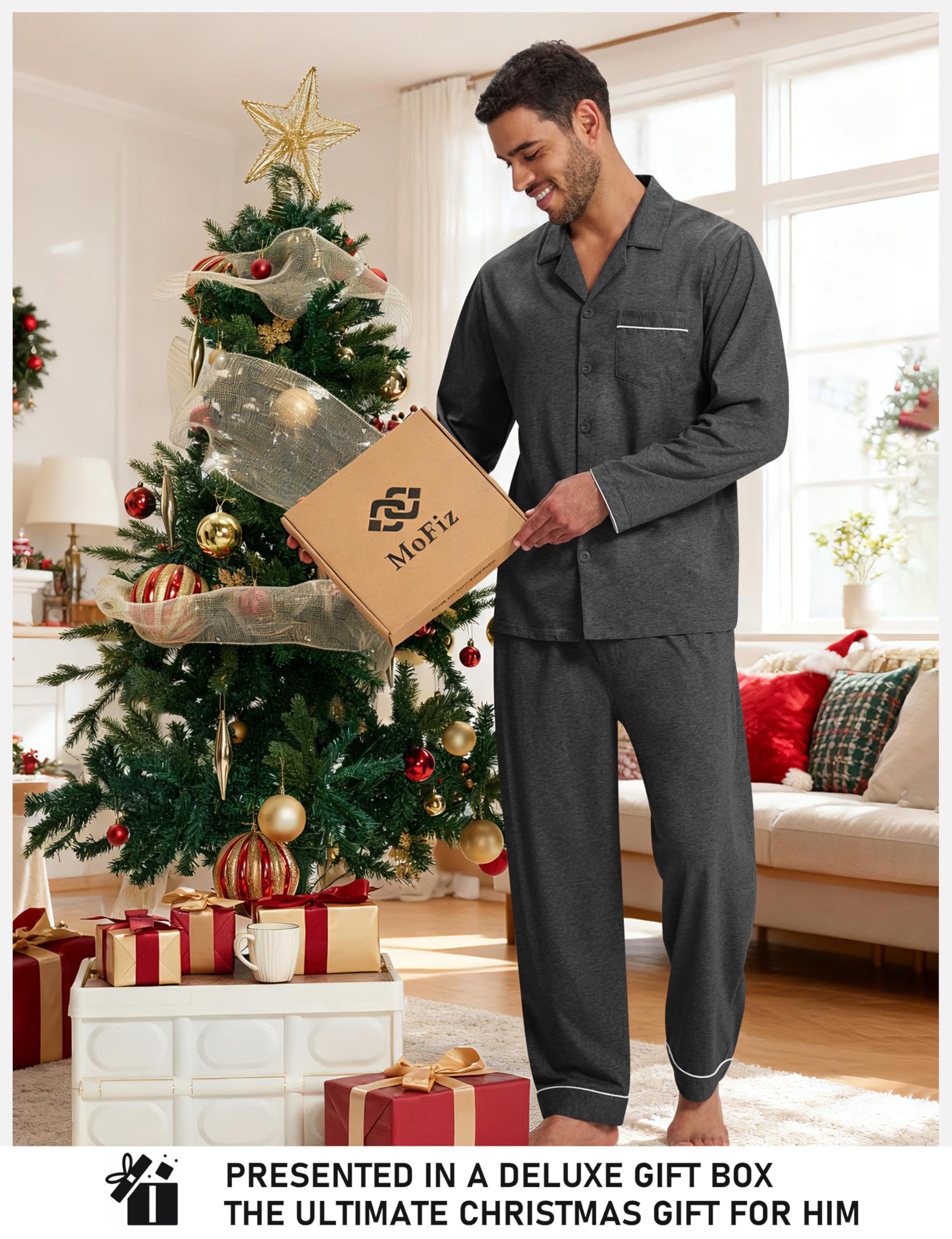 MoFiz Pigiama da uomo lungo, in cotone, con bottoni | Comodo, scollo a V, pigiama da uomo con bottoni, a maniche lunghe, tuta da casa, biancheria da notte, loungewear