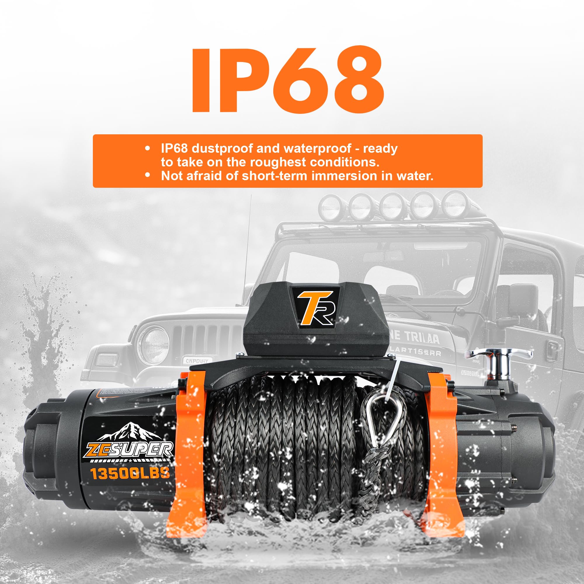 ZESUPER Elektryczna wciągarka linowa, 12 V, nośność 6123,5 kg, haczyki syntetyczne, zestaw wciągarek, wodoszczelna, IP66, elektryczna wciągarka ze sztucznym liną i przewodowym uchwytem 2 w 1